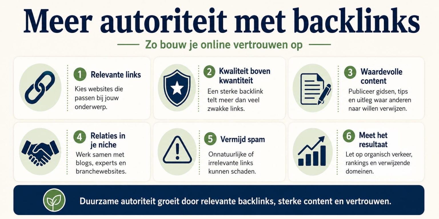 Infographic over hoe je meer autoriteit met backlinks opbouwt door kwaliteit en vertrouwen